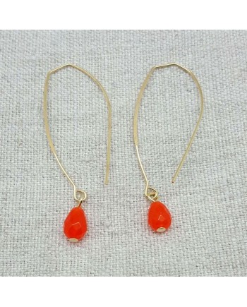 Boucle d'oreille dorée percée longue ovale et pierre orange
