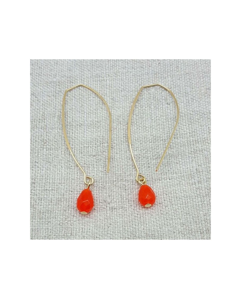 Boucle d'oreille dorée percée longue ovale et pierre orange