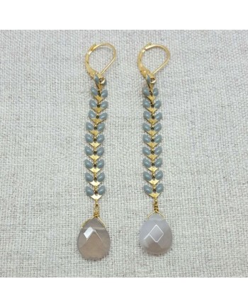 Boucles d'oreilles longues epi emaillé grise avec une pierre