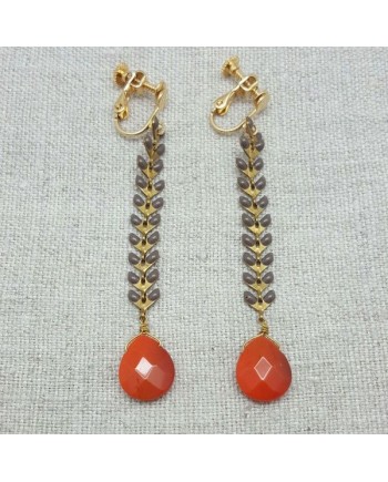 Boucles d'oreilles longues epi emaillé gris avec une pierre orange