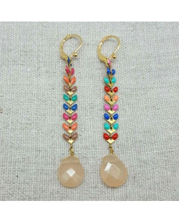 Boucles d'oreilles longues epi emaillé multicolore avec une pierre