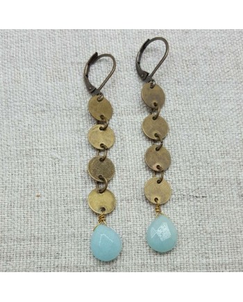 Boucle d'oreille longue pastilles laitons et perle turquoise