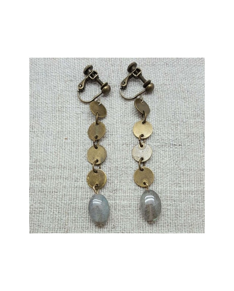 Boucle d'oreille longue pastilles laitons et perle grise