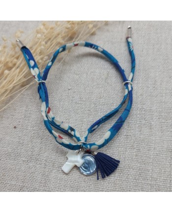 Bracelet religieux lien fin liberty, pompon et vierge émaillée turquoise