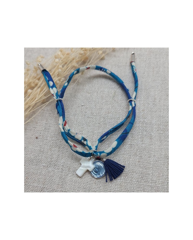 Bracelet religieux lien fin liberty, pompon et vierge émaillée turquoise