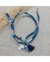 Bracelet religieux lien fin liberty, pompon et vierge émaillée turquoise