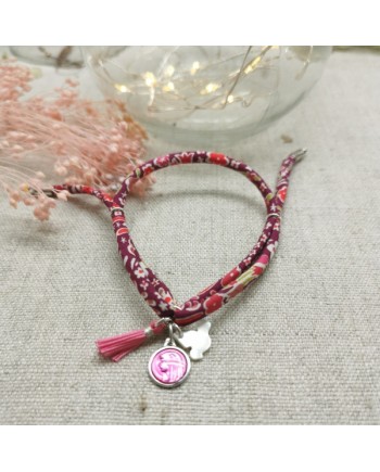 Bracelet religieux lien fin liberty, pompon et vierge émaillée turquoise