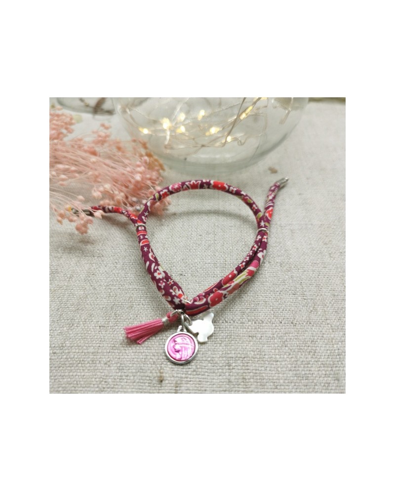 Bracelet religieux lien fin liberty, pompon et vierge émaillée turquoise