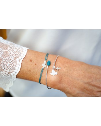 Jonc fin religieux Argent avec une medaille miraculeuse et une breloque croix ou colombe nacre