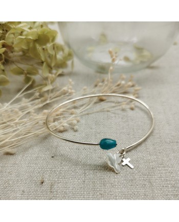 Jonc fin religieux Argent avec une medaille miraculeuse et une breloque croix ou colombe nacre