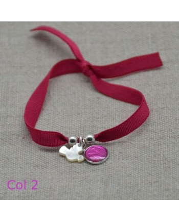 Bracelet religieux colombe en nacre et médaille vierge rose framboise sur lien elastique 
