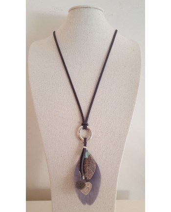 Sautoir plume colorée et breloque argenté