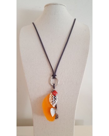 Sautoir plume colorée et breloque argenté