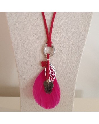 Sautoir plume colorée et breloque argenté