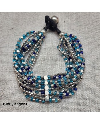 bracelet large perles naturelles argentées et noires