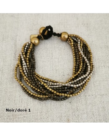 bracelet large perles naturelles argentées et noires