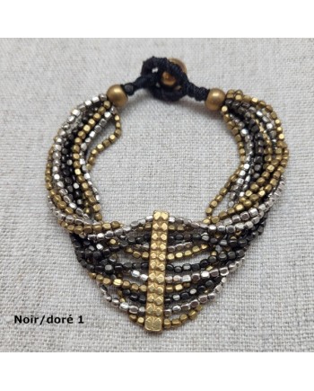 bracelet large perles naturelles argentées et noires