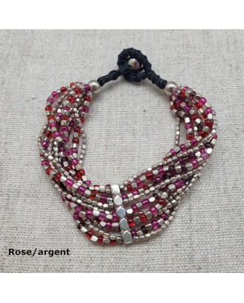 bracelet large perles naturelles argentées et noires