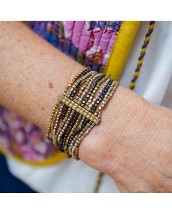 bracelet large perles naturelles argentées et noires