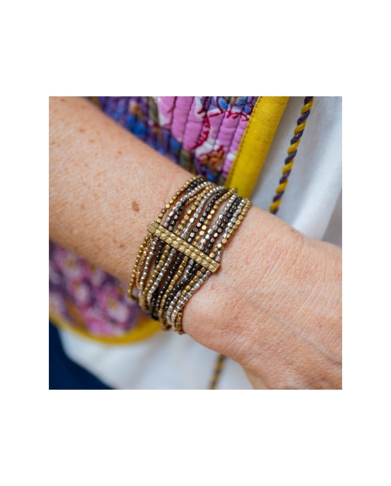 bracelet large perles naturelles argentées et noires