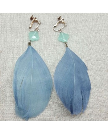 Boucle d'oreille grande plume bleu gris