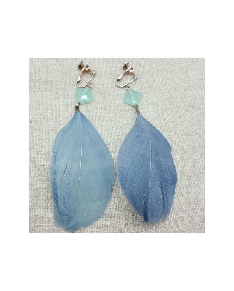 Boucle d'oreille grande plume bleu gris