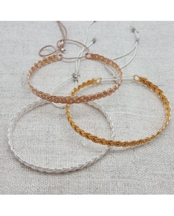 Jonc Tressé souple Argent, ou plaqué Or jaune ou rose taille ajustable