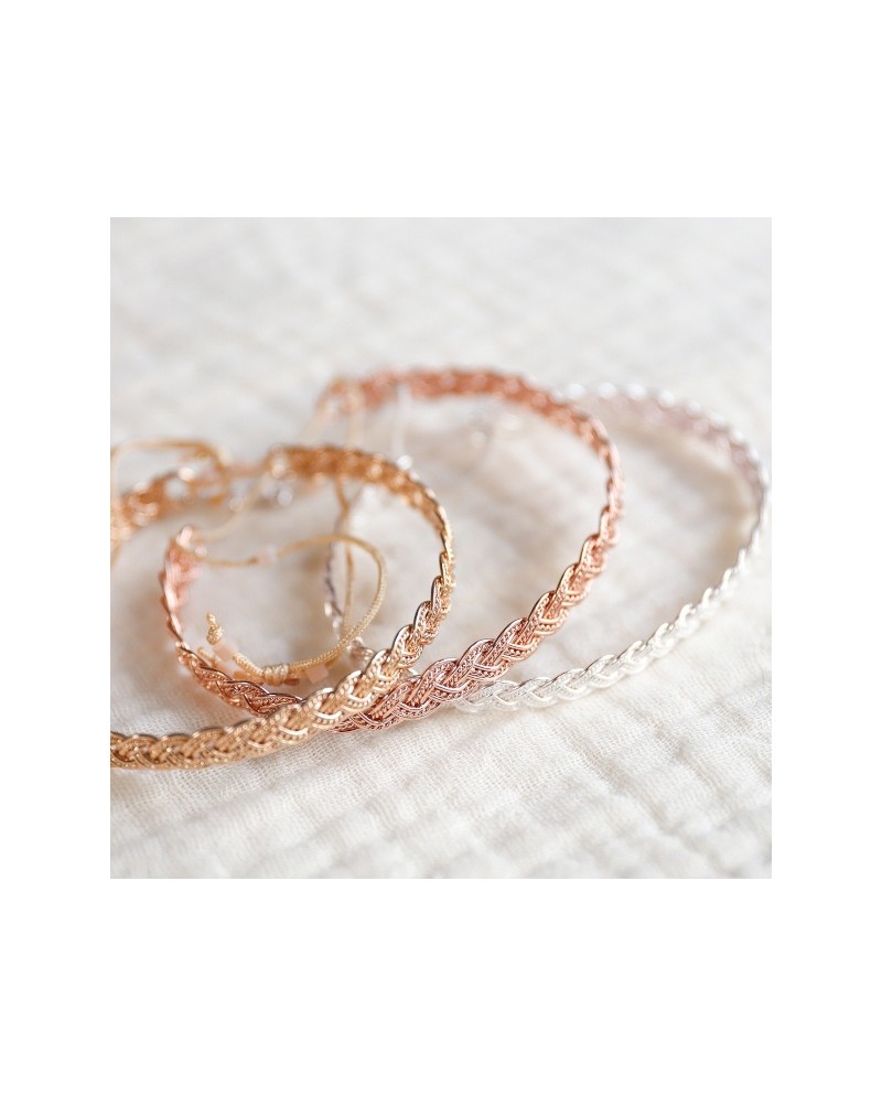 Jonc Tressé souple Argent, ou plaqué Or jaune ou rose taille ajustable