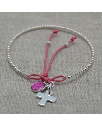 Jonc perlé religieux Argent avec breloques croix et vierge emaillée