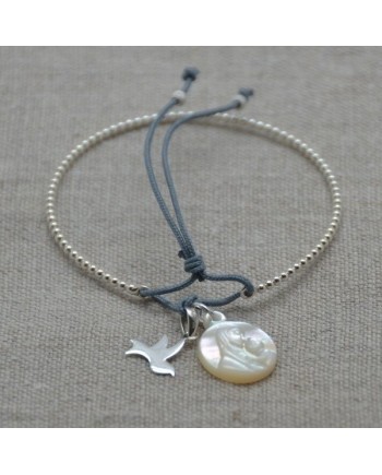 Jonc perlé religieux Argent avec breloques vierge en nacre et colombe argent