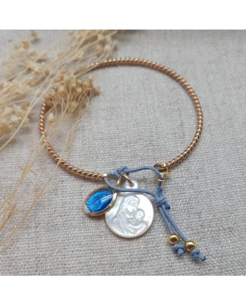 Jonc perlé religieux Argent avec breloques vierge en nacre et colombe argent