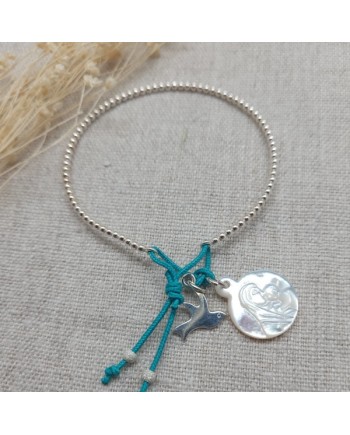 Jonc perlé religieux Argent avec breloques vierge en nacre et colombe argent