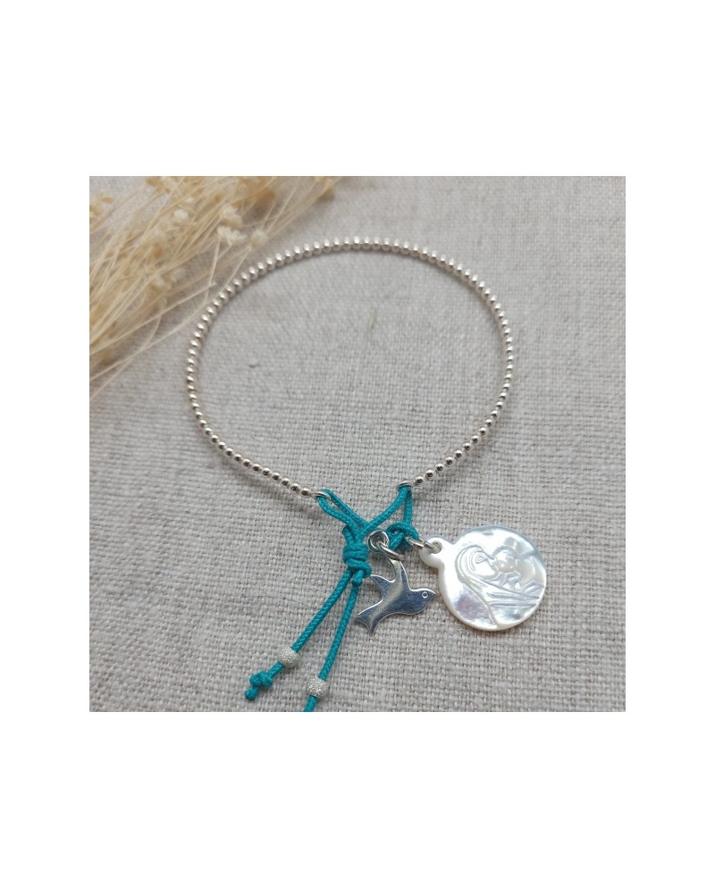 Jonc perlé religieux Argent avec breloques vierge en nacre et colombe argent