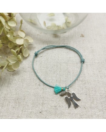 Bracelet religieux croix argent, pompon, vierge émailée sur lien coton ajustable