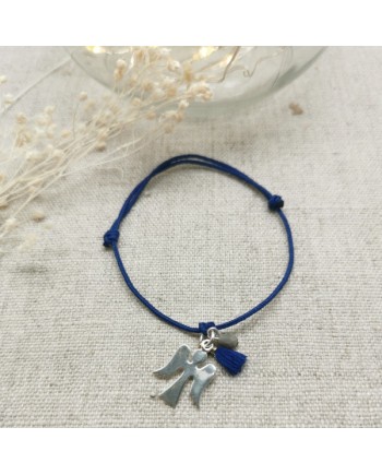 Bracelet religieux croix argent, pompon, vierge émailée sur lien coton ajustable