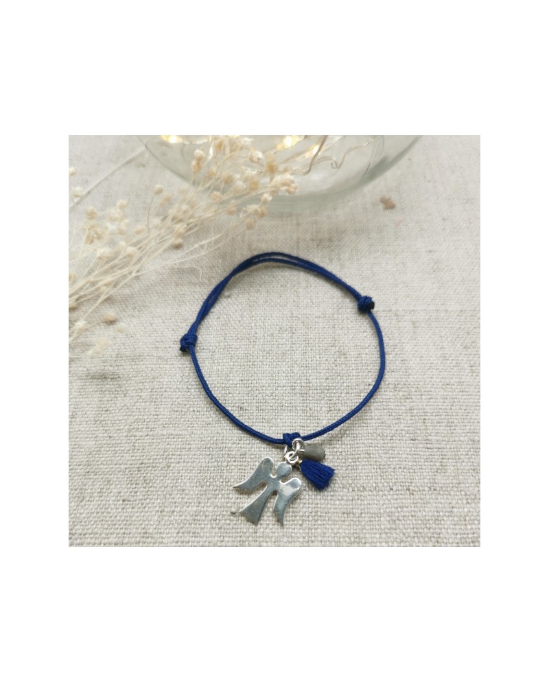 Bracelet religieux croix argent, pompon, vierge émailée sur lien coton ajustable