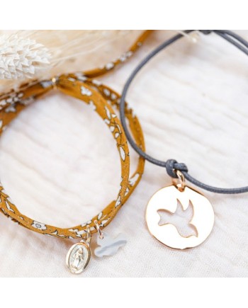 Bracelet cible colombe argent sur lien coton ajustable