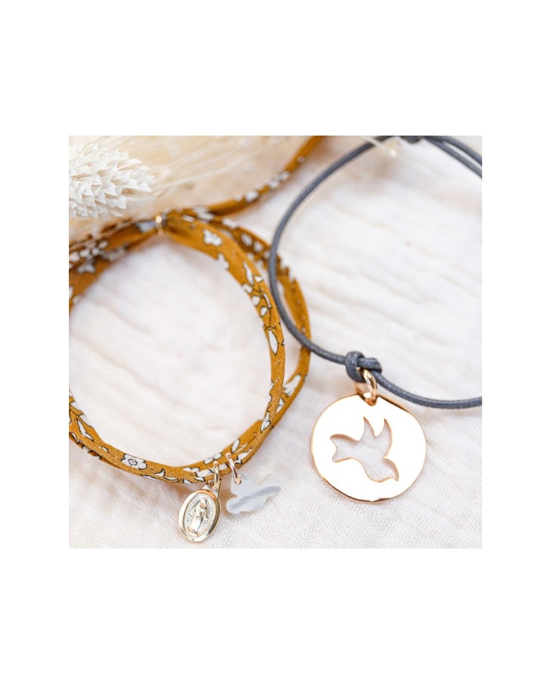 Bracelet cible colombe argent sur lien coton ajustable